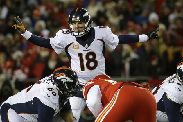 Denver Broncos quarterback Peyton Manning (18) calls a play in the first half of an NFL football game against the Kansas City Chiefs in Kansas City, Mo., Sunday, Nov. 30, 2014. (AP Photo/Charlie Riedel)