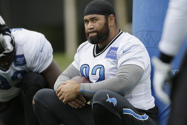 Detroit Lions defensive tackle Haloti Ngata is seen at the team's football training facility, Monday, Aug. 24, 2015, in Allen Park, Mich. (AP Photo/Carlos Osorio)