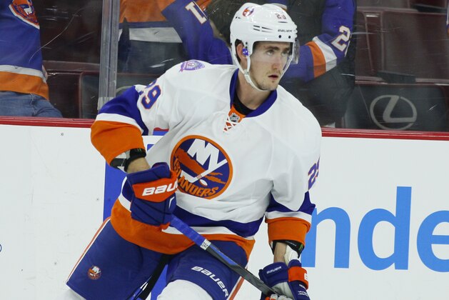 New York Islanders' Brock Nelson during warm-ups prior to the start of an NHL hockey game against the Philadelphia Flyers, Tuesday, April 7, 2015, in Philadelphia. (AP Photo/Tom Mihalek)