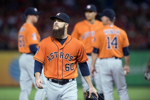 Sep 16, 2015; Arlington, TX, USA; Houston Astros starting pitcher Dallas Keuchel (60) is pulled from the game during the fifth inning against the Texas Rangers at Globe Life Park in Arlington. The Rangers defeat the Astros 14-3. Mandatory Credit: Jerome Miron-USA TODAY Sports