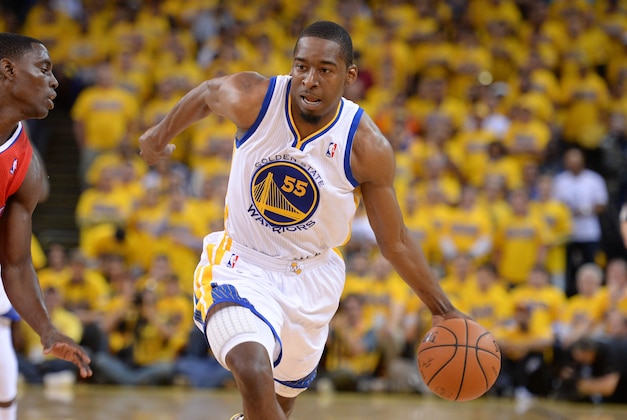 May 1, 2014; Oakland, CA, USA; Golden State Warriors guard Jordan Crawford (55) dribbles the basketball during the second quarter in game six of the first round of the 2014 NBA Playoffs against the Los Angeles Clippers at Oracle Arena. The Warriors defeated the Clippers 100-99. Mandatory Credit: Kyle Terada-USA TODAY Sports