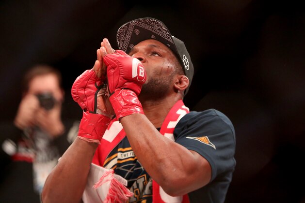 Paul Daley celebrates a win against Andre Santos during their fight at Bellator 134 on Friday, Feb. 27, 2015, in Uncasville, CT.  Daley won the fight via decision. (AP Photo/Gregory Payan)