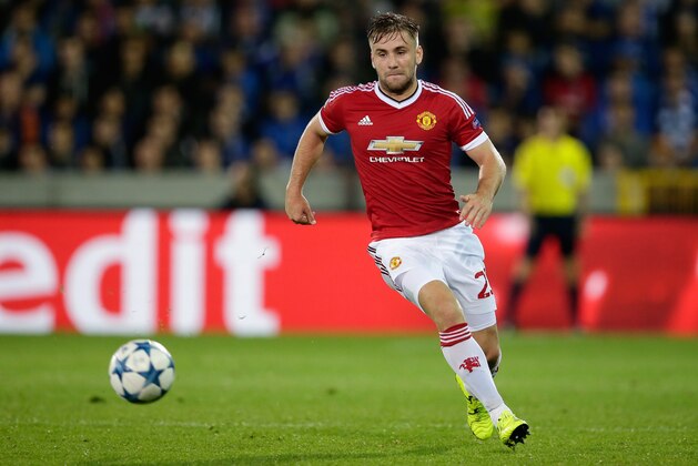 Luke Shaw of Manchester United during the UEFA Champions League play-offs match between Club Brugge and Manchester United on August 26, 2015 at the Jan Breydel stadium in Brugge, Belgium.(Photo by VI Images via Getty Images)