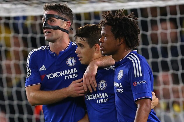 LONDON, ENGLAND - SEPTEMBER 16: Oscar of Chelsea celebrates after he scores to make it 2-0 with Gary Cahill and Loic Remy of Chelsea during the UEFA Champions League match between Chelsea and Maccabi Tel-Aviv at Stamford Bridge on September 16, 2015 in London, United Kingdom.  (Photo by Catherine Ivill - AMA/Getty Images)