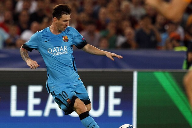 Barcelona's Lionel Messi kicks the ball  during a Champions League, Group E soccer match between Roma and Barcelona, at Rome's Olympic stadium Wednesday, Sept. 16, 2015. (AP Photo/Riccardo De Luca)