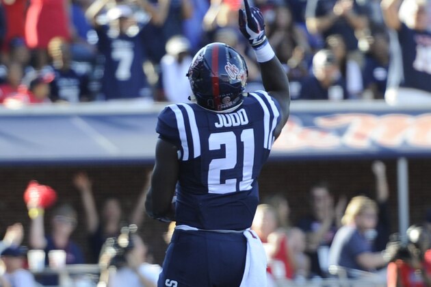 Sep 12, 2015; Oxford, MS, USA; Mississippi Rebels running back Akeem Judd (21) celebrates during the game against the Fresno State Bulldogs at Vaught-Hemingway Stadium. Mississippi Rebels beat Fresno State Bulldogs 73 - 21. Mandatory Credit: Justin Ford-USA TODAY Sports