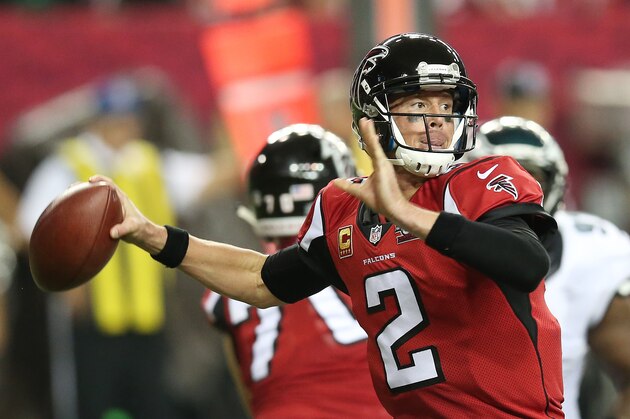 Atlanta Falcons quarterback Matt Ryan (2) works against the Philadelphia Eagles during the second half of an NFL football game, Monday, Sept. 14, 2015, in Atlanta. (AP Photo/John Bazemore)