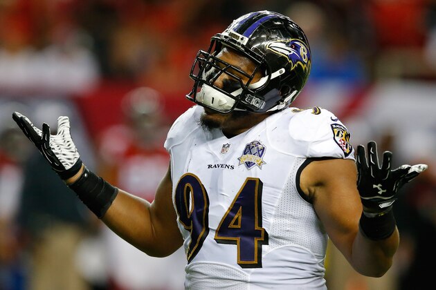 ATLANTA, GA - SEPTEMBER 03:  Carl Davis #94 of the Baltimore Ravens reacts to the officials during the game against the Atlanta Falcons at Georgia Dome on September 3, 2015 in Atlanta, Georgia.  (Photo by Kevin C. Cox/Getty Images)