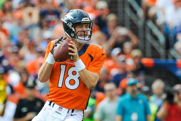 DENVER, CO - SEPTEMBER 13:  Quarterback Peyton Manning #18 of the Denver Broncos drops back to pass in the first quarter of a game against the Baltimore Ravens at Sports Authority Field at Mile High on September 13, 2015 in Denver, Colorado.  (Photo by Dustin Bradford/Getty Images)