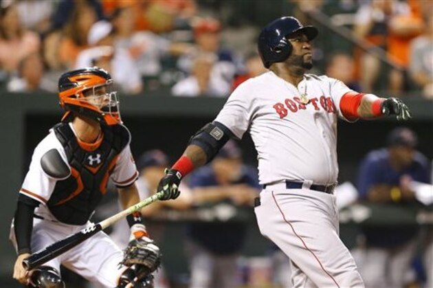 RETRANSMISSION TO CORRECT NAME OF CATCHER TO CALEB JOSEPH FROM MATT WIETERS - Boston Red Sox's David Ortiz, right, watches his solo home run in front of Baltimore Orioles catcher Caleb Joseph in the second inning of a baseball game, Wednesday, Sept. 16, 2015, in Baltimore. (AP Photo/Patrick Semansky)