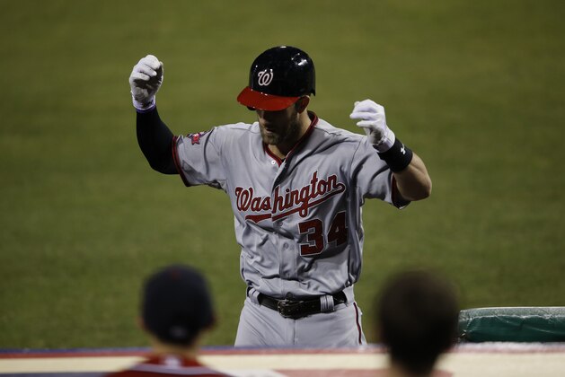Washington Nationals' Bryce Harper in action during a baseball game against the Philadelphia Phillies, Tuesday, Sept. 15, 2015, in Philadelphia. (AP Photo/Matt Slocum)