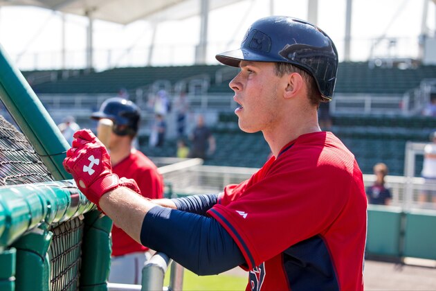 FORT MYERS, FL- FEBRUARY 28: Max Kepler #67 of the Minnesota Twins looks on against the Boston Red Sox during a spring training game on February 28, 2014 at JetBlue Park in Fort Myers, Florida. (Photo by Brace Hemmelgarn/Minnesota Twins/Getty Images)