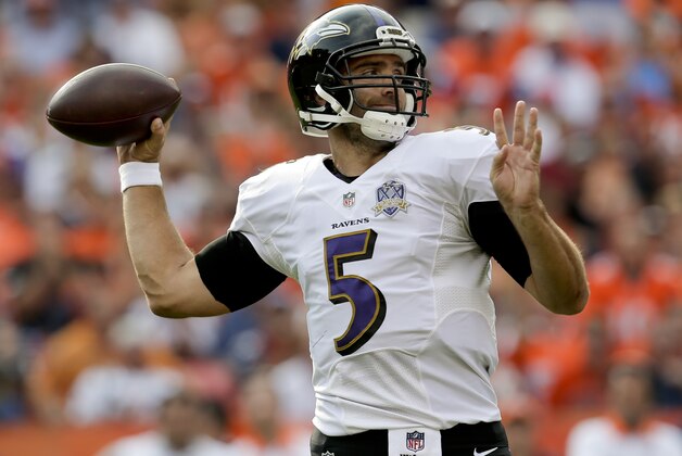 Baltimore Ravens quarterback Joe Flacco throws against the Denver Broncos during the second half of an NFL football game Sunday, Sept. 13, 2015, in Denver. (AP Photo/Joe Mahoney)