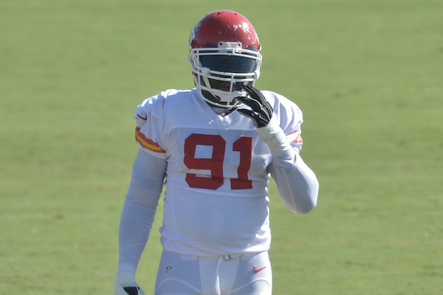 Aug 11, 2015; St. Joseph, MO, USA; Kansas City Chiefs outside linebacker Tamba Hali (91) readies for scrimmage during the training camp at Missouri Western State University. Mandatory Credit: Denny Medley-USA TODAY Sports