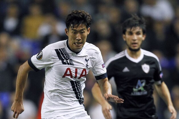 Tottenham Hotspur's South Korean striker Son Heung-Min (L) runs with the ball in front of Qarabag's Azeri midfielder Afran Ismayilov during the UEFA Europa League Group J football match between Tottenham Hotspur FC and Qarabag FK on September 17, 2015, at White Hart Lane in north London. AFP PHOTO / IAN KINGTON        (Photo credit should read IAN KINGTON/AFP/Getty Images)