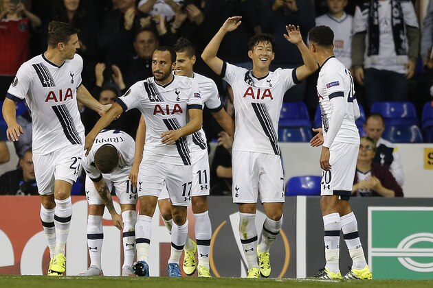 Tottenham’s Son Heung-Min, second right, celebrates with teammates after scoring during the Europa League Group J soccer match between Tottenham Hotspur and Qarabag FK at the White Hart Lane stadium in London, England, Thursday, Sept. 17, 2015. (AP Photo/Frank Augstein)