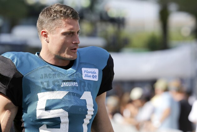 Jacksonville Jaguars middle linebacker Paul Posluszny during practice at NFL football training camp, Wednesday, Aug. 5, 2015, in Jacksonville, Fla. (AP Photo/John Raoux)