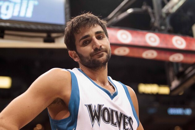 Feb 20, 2015; Minneapolis, MN, USA; Minnesota Timberwolves guard Ricky Rubio (9) in the second quarter against the Phoenix Suns at Target Center. The Minnesota Timberwolves beat the Phoenix Suns 111-109. Mandatory Credit: Brad Rempel-USA TODAY Sports