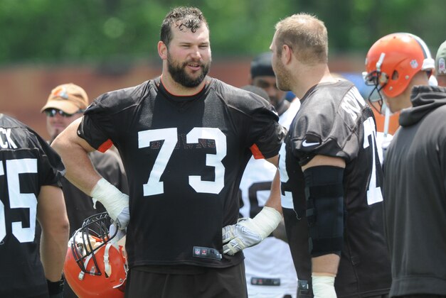 Jun 16, 2015; Berea, OH, USA; Cleveland Browns offensive lineman Joe Thomas (73) and Cleveland Browns offensive lineman Mitchell Schwartz (72) during minicamp at the Cleveland Browns practice facility. Mandatory Credit: Ken Blaze-USA TODAY Sports