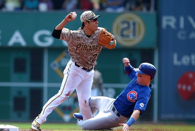 Sep 17, 2015; Pittsburgh, PA, USA; Chicago Cubs right  fielder Chris Coghlan (8) slides into the left knee of Pittsburgh Pirates shortstop Jung Ho Kang (27) during the first inning at PNC Park. Dang left the game after suffering an apparent injury. Mandatory Credit: Charles LeClaire-USA TODAY Sports