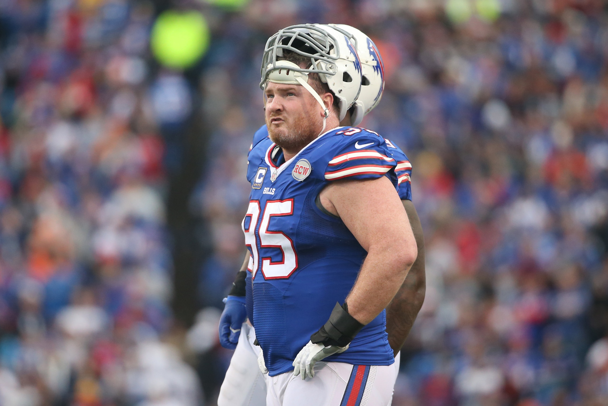 ORCHARD PARK, NY - NOVEMBER 30: Kyle Williams #95 of the Buffalo Bills looks on during NFL game action against the Cleveland Browns at Ralph Wilson Stadium on November 30, 2014 in Orchard Park, New York. (Photo by Tom Szczerbowski/Getty Images)