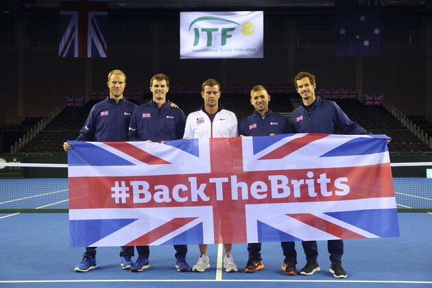 GLASGOW, SCOTLAND - SEPTEMBER 17:  The Great Britain team of (from L-R) Dom Inglot, Jamie Murray, Captian Leon Smith, Dan Evans and Andy Murray pose for a photo with a Back the Brits flag at Emirates Arena on September 17, 2015 in Glasgow, Scotland.  (Photo by Jordan Mansfield/Getty Images for LTA)