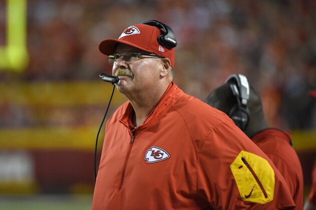 Kansas City Chiefs head coach Andy Reid follows from the sideline during the first half of an NFL football game against the Denver Broncos in Kansas City, Mo., Thursday, Sept. 17, 2015. (AP Photo/Ed Zurga)