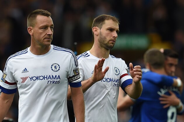 Chelsea's English defender John Terry (2L) and Chelsea's Serbian defender Branislav Ivanovic (2R) react following the English Premier League football match between Everton and Chelsea at Goodison Park in Liverpool on September 12, 2015. Everton won the match 3-1.   AFP PHOTO / PAUL ELLIS

RESTRICTED TO EDITORIAL USE. No use with unauthorized audio, video, data, fixture lists, club/league logos or 'live' services. Online in-match use limited to 75 images, no video emulation. No use in betting, games or single club/league/player publications.        (Photo credit should read PAUL ELLIS/AFP/Getty Images)