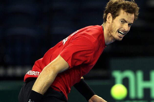 Britain's Andy Murray plays a shot during a practice session ahead of the Davis Cup semifinal tennis matches against Australia in Glasgow Scotland  Thursday Sept. 17, 2015. (AP Photo/Scott Heppell)