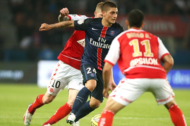 PARIS, FRANCE - MAY 23: Marco Verratti of PSG in action during the French Ligue 1 match between Paris Saint-Germain (PSG) and Stade de Reims at Parc des Princes stadium on May 23, 2015 in Paris, France. (Photo by Jean Catuffe/Getty Images)