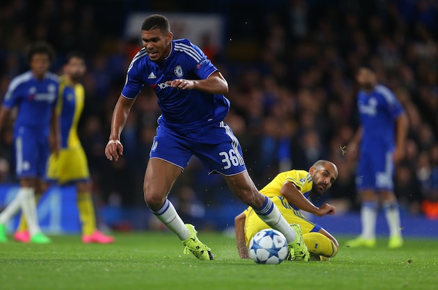 LONDON, ENGLAND - SEPTEMBER 16: Ruben Loftus-Cheek of Chelsea is tripped by Gal Alberman of Maccabi Tel Aviv during the UEFA Champions League match between Chelsea and Maccabi Tel-Aviv at Stamford Bridge on September 16, 2015 in London, United Kingdom.  (Photo by Catherine Ivill - AMA/Getty Images)