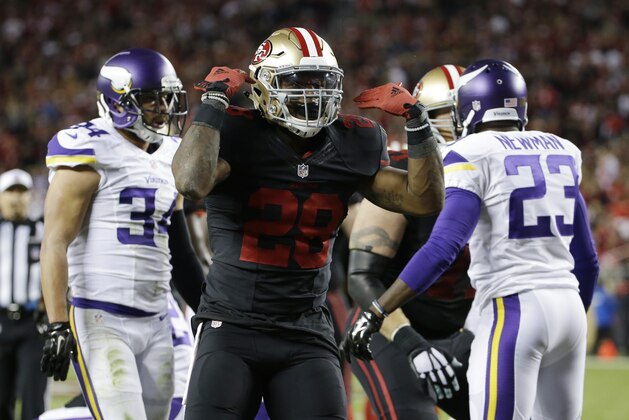 San Francisco 49ers running back Carlos Hyde during an NFL football game against the Minnesota Vikings in Santa Clara, Calif., Monday, Sept. 14, 2015. (AP Photo/Marcio Jose Sanchez)