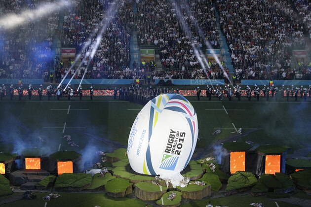 A giant rugby ball is unveiled during the opening ceremony ahead of the Rugby World Cup Pool A match between England and Fiji at Twickenham Stadium, London, Friday, Sept. 18, 2015. (AP Photo/Kirsty Wigglesworth)
