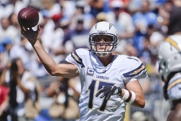 San Diego Chargers quarterback Philip Rivers throws a pass against the Detroit Lions during the first half of an NFL football game, Sunday, Sept. 13, 2015, in San Diego. (AP Photo/Denis Poroy)