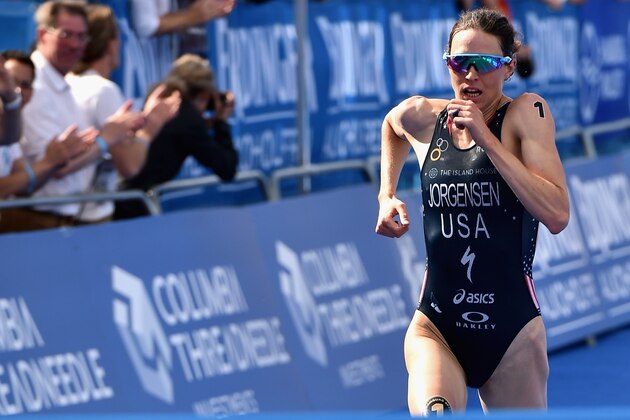 HAMBURG, GERMANY - JULY 18:  Gwen Jorgensen of the United States of America competes in the ITU Women's Elite Sprint race during the ITU World Triathlon Hamburg on July 18, 2015 in Hamburg, Germany.  (Photo by Dennis Grombkowski/Getty Images for Columbia Threadneedle)