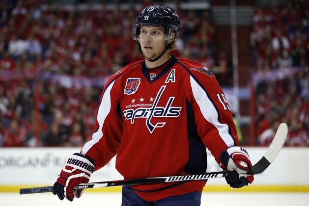 Washington Capitals center Nicklas Backstrom (19), from Sweden, pauses on the ice during the first period of Game 4 in the second round of the NHL Stanley Cup hockey playoffs against the New York Rangers, Wednesday, May 6, 2015, in Washington. (AP Photo/Alex Brandon)