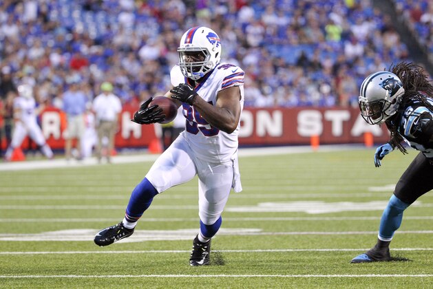 Buffalo Bills running back Bryce Brown (35) runs against the Carolina Panthers during the first half of an NFL preseason football game on Friday, Aug. 14, 2015, in Orchard Park, N.Y. (AP Photo/Bill Wippert)