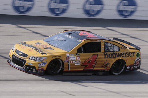 Kevin Harvick drives during a NASCAR Sprint Cup auto racing practice session at Darlington Raceway in Darlington, S.C., Friday, Sept. 4, 2015. (AP Photo/Terry Renna)