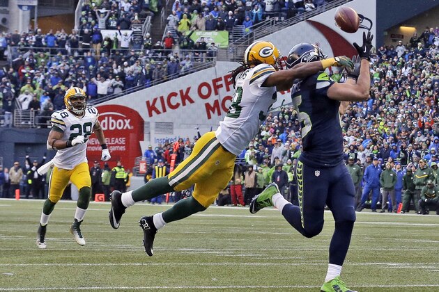 FILE - In this Sunday, Jan. 18, 2015, file photo, Seattle Seahawks' Jermaine Kearse, right, catches the game-winning touchdown pass during overtime of the NFC championship NFL football game against the Green Bay Packers in Seattle. Kearse was having an NFC championship game to forget until the final play. That's when the Seahawks receiver added yet another memorable postseason touchdown to his resume. (AP Photo/Jeff Chiu, File) FILE - In this Sunday, Jan. 18, 2015, file photo, Seattle Seahawks' Jermaine Kearse, right, catches the game-winning touchdown pass during overtime of the NFC championship NFL football game against the Green Bay Packers in Seattle. Kearse was having an NFC championship game to forget until the final play. That's when the Seahawks receiver added yet another memorable postseason touchdown to his resume. (AP Photo/Jeff Chiu, File)