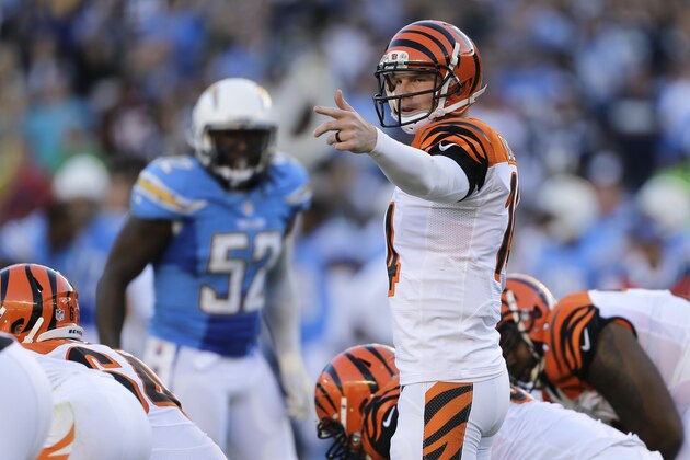 Cincinnati Bengals quarterback Andy Dalton gestures before a play while playing the San Diego Chargers during the second half in an NFL football game Sunday, Dec. 1, 2013, in San Diego. (AP Photo/Lenny Ignelzi)