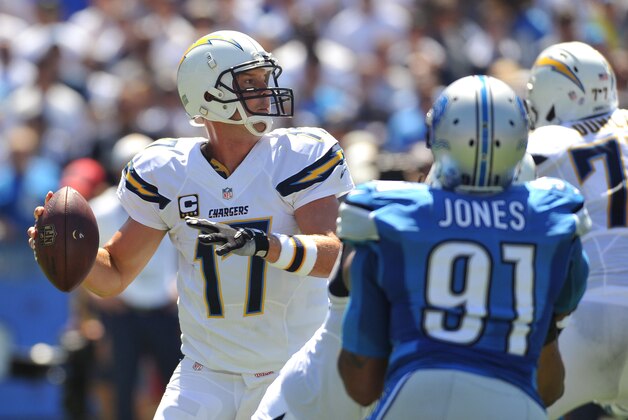 Sep 13, 2015; San Diego, CA, USA; San Diego Chargers quarterback Philip Rivers (17) looks to pass during the game against the Detroit Lions at Qualcomm Stadium. San Diego won 33-28. Mandatory Credit: Orlando Ramirez-USA TODAY Sports