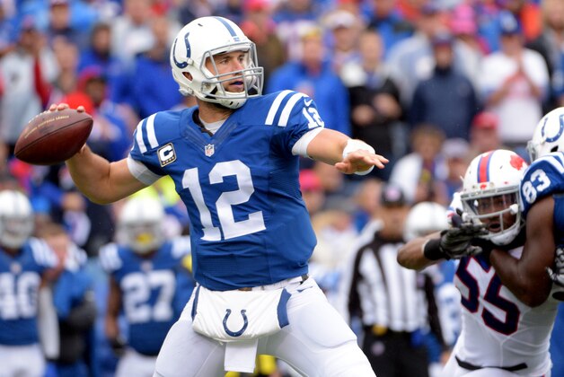 Indianapolis Colts quarterback Andrew Luck looks to pass downfield against the Buffalo Bills during the second half of an NFL football game on Sunday, Sept. 13, 2015, in Orchard Park, N.Y. Buffalo won 27-14. (AP Photo/Gary Wiepert)