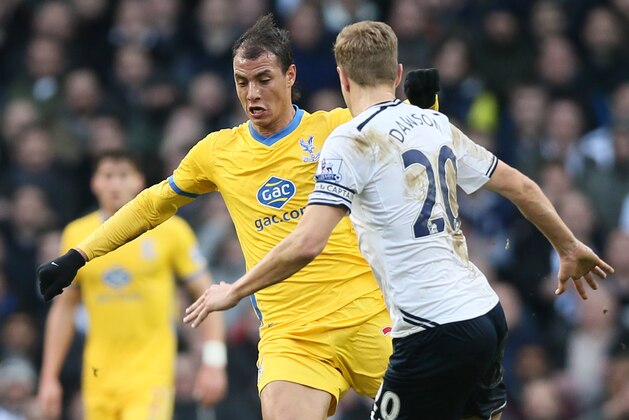 Tottenham's Michael Dawson, right goes to tackle Crystal Palace's Marouane Chamakh during their English Premier League soccer match between Tottenham Hotspur and Crystal Palace at the White Hart Lane stadium in London, Saturday, Jan. 11, 2014. (AP Photo/Alastair Grant)