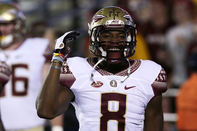 Florida State defensive back Jalen Ramsey (8) prior to an NCAA college football game in Boston, Friday, Sept. 18, 2015. (AP Photo/Charles Krupa)
