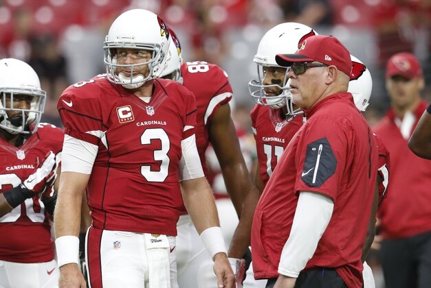 Arizona Cardinals quarterback Carson Palmer (3) and Arizona Cardinals head coach Bruce Arians during an NFL football game against the New Orleans Saints, Sunday, Sept. 13, 2015, in Glendale, Ariz. (AP Photo/Rick Scuteri)