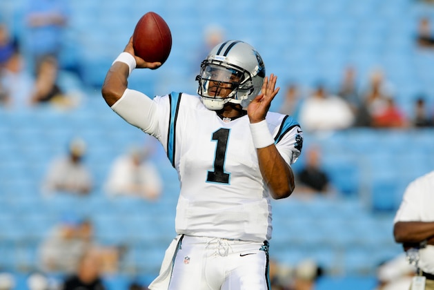 Carolina Panthers' Cam Newton (1) is shown prior to an NFL football game against the Houston Texans in Charlotte, N.C., Saturday, Aug. 11, 2012. (AP Photo/Mike McCarn)