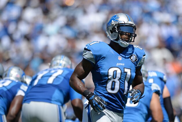 Sep 13, 2015; San Diego, CA, USA; Detroit Lions wide receiver Calvin Johnson (81) breaks the huddle during the first quarter against the San Diego Chargers at Qualcomm Stadium. Mandatory Credit: Jake Roth-USA TODAY Sports