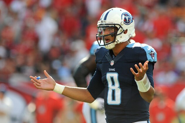 TAMPA, FL - SEPTEMBER 13: Quarterback Marcus Mariota #8 of the Tennessee Titans walks to the sidelines against the Tampa Bay Buccaneers at Raymond James Stadium on September 13, 2015 in Tampa, Florida. (Photo by Cliff McBride/Getty Images)