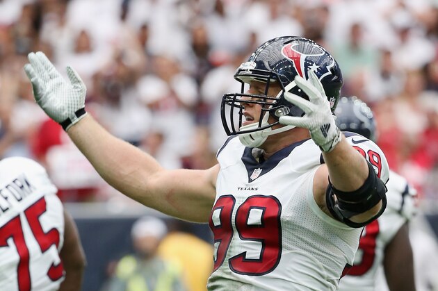 HOUSTON, TX - SEPTEMBER 13:  J.J. Watt #99 of the Houston Texans waits on the field during their game against the Kansas City Chiefs at NRG Stadium on September 13, 2015 in Houston, Texas.  (Photo by Scott Halleran/Getty Images)