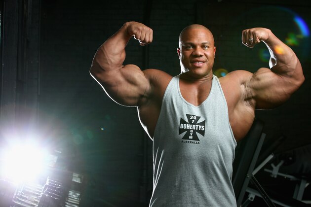 MELBOURNE, AUSTRALIA - MARCH 16:  Mr Olympia Phil Heath poses during a media call ahead of the 2012 IFBB Australian Pro Grand Prix XIII on March 16, 2012 in Melbourne, Australia.  (Photo by Robert Cianflone/Getty Images)